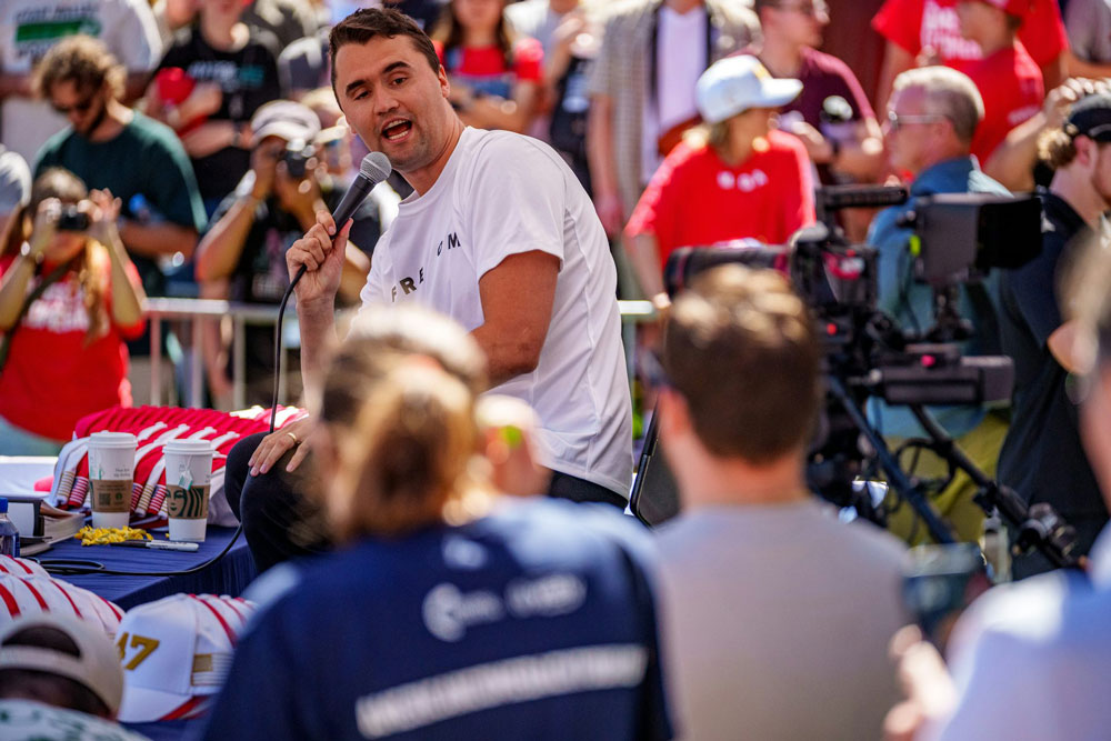 Charlie Kirk speaks at Utah Valley University on Sept. 10, 2025, in Orem, Utah, shortly before he was shot and killed.
