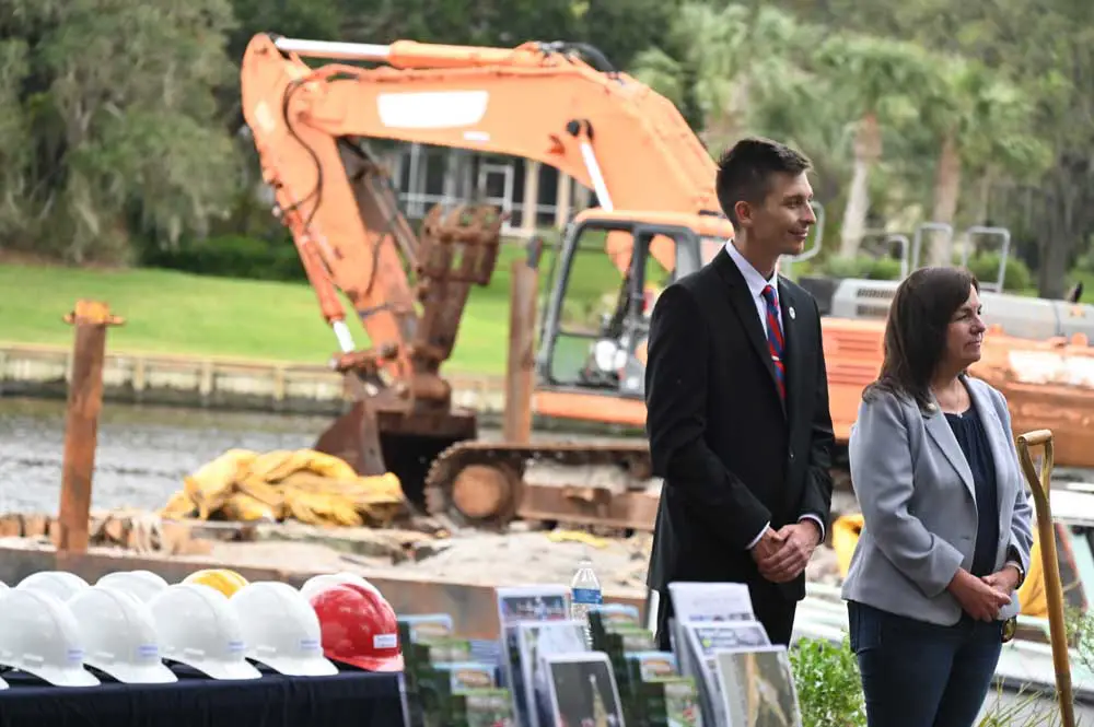Palm Coast City Council member Nick Klufas and City Manager Denise Bevan, who makes Waterfront park part of her itinerary every weekend, at today's groundbreaking at the park. (© FlaglerLive)