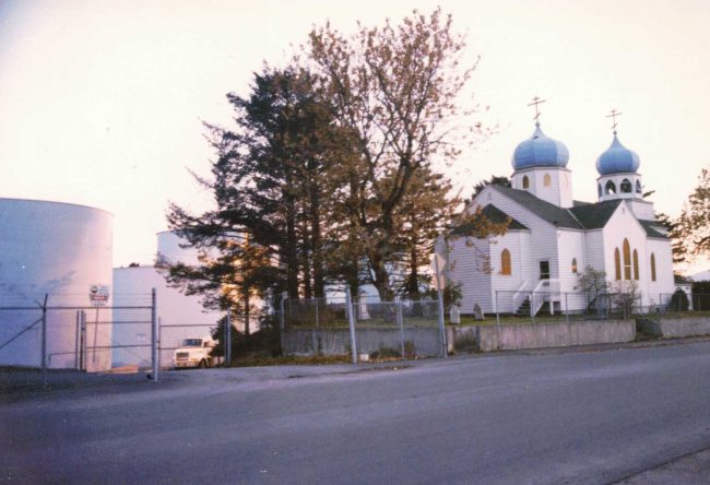 Kodiak's Holy Resurrection Cathedral, and the PMS tankers. (© FlaglerLive)