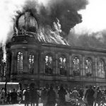 The Boerneplatz synagogue in flames on Nov. 10, 1938, during the ‘Night of Broken Glass’ in Frankfurt, Germany.