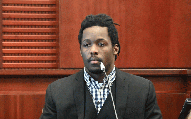 Kwentel Moultrie testifying in his own defense on Wednesday. (© FlaglerLive)