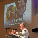 Sheriff Rick Staly addressing the congregants at First Baptiost Church in Bunnell this morning, during the memorial for K9 Kyro. (© FlaglerLive)