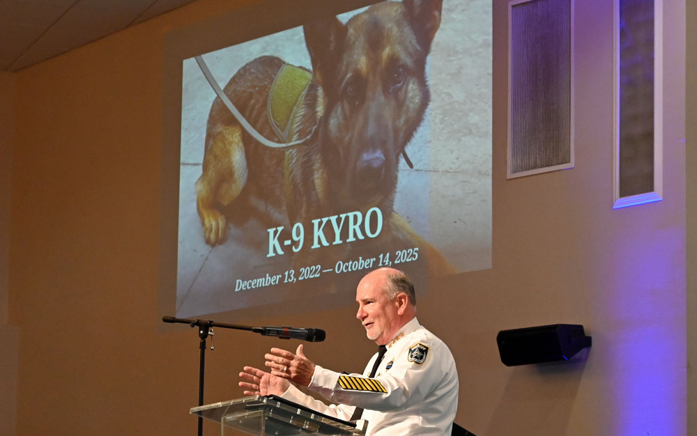 Sheriff Rick Staly addressing the congregants at First Baptiost Church in Bunnell this morning, during the memorial for K9 Kyro. (© FlaglerLive)