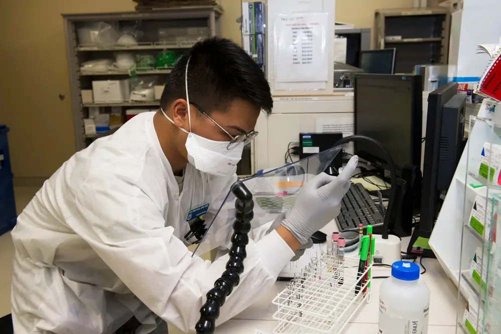 Air Force Airman 1st Class Michael San Jose, 60th Medical Diagnostics and Therapeutics Squadron lab technician, performs antibody titration at the David Grant USAF Medical Center laboratory at Travis Air Force Base, Calif. (James Hodgman)