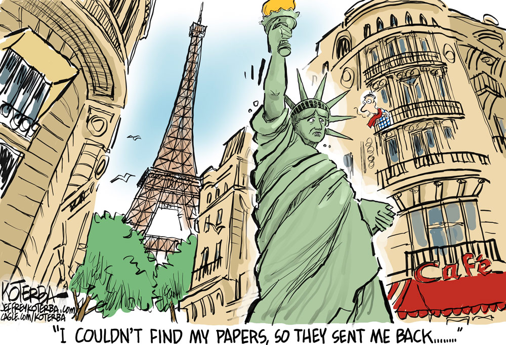 Lady Liberty Sent Back to France by Jeff Koterba, patreon.com/jeffreykoterba