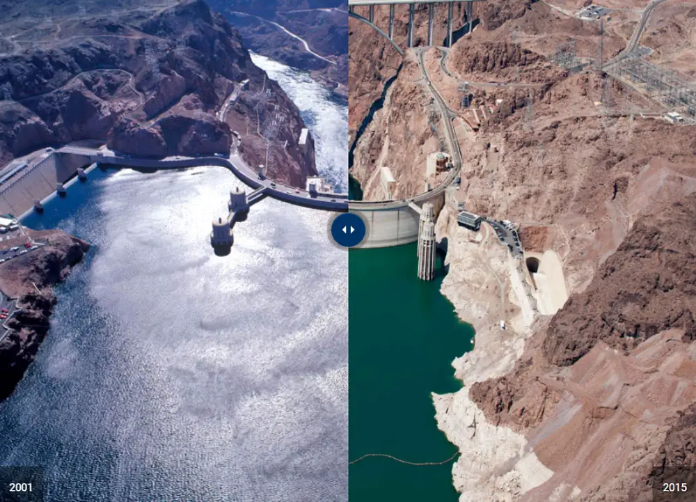 A Depart,ment of the Interior pair of pictures showing how Lake Mead's elevation dropped from 1,196 to 1,075 feet, a decline of 121 feet. It's gotten considerably worse since. 