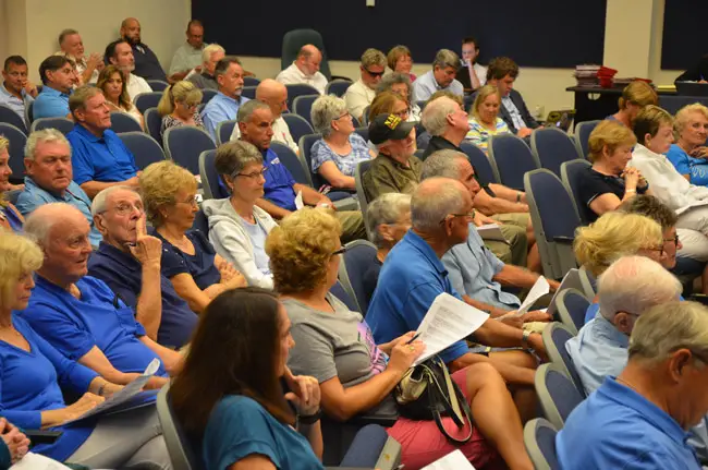 It appewared as if most of the population of the Lakeside By the Sea development on A1A at the north end of the county turned out at a planning board meeting Tuesday evening, to oppose a development at the north and southern ends of Lakeside. (© FlaglerLive)