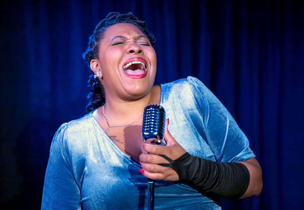 Laniece Fagundes portrays legendary jazz singer Billie Holiday in City Repertory Theatre’s production of “Lady Day at Emerson’s Bar and Grill.” (Mike Kataif)