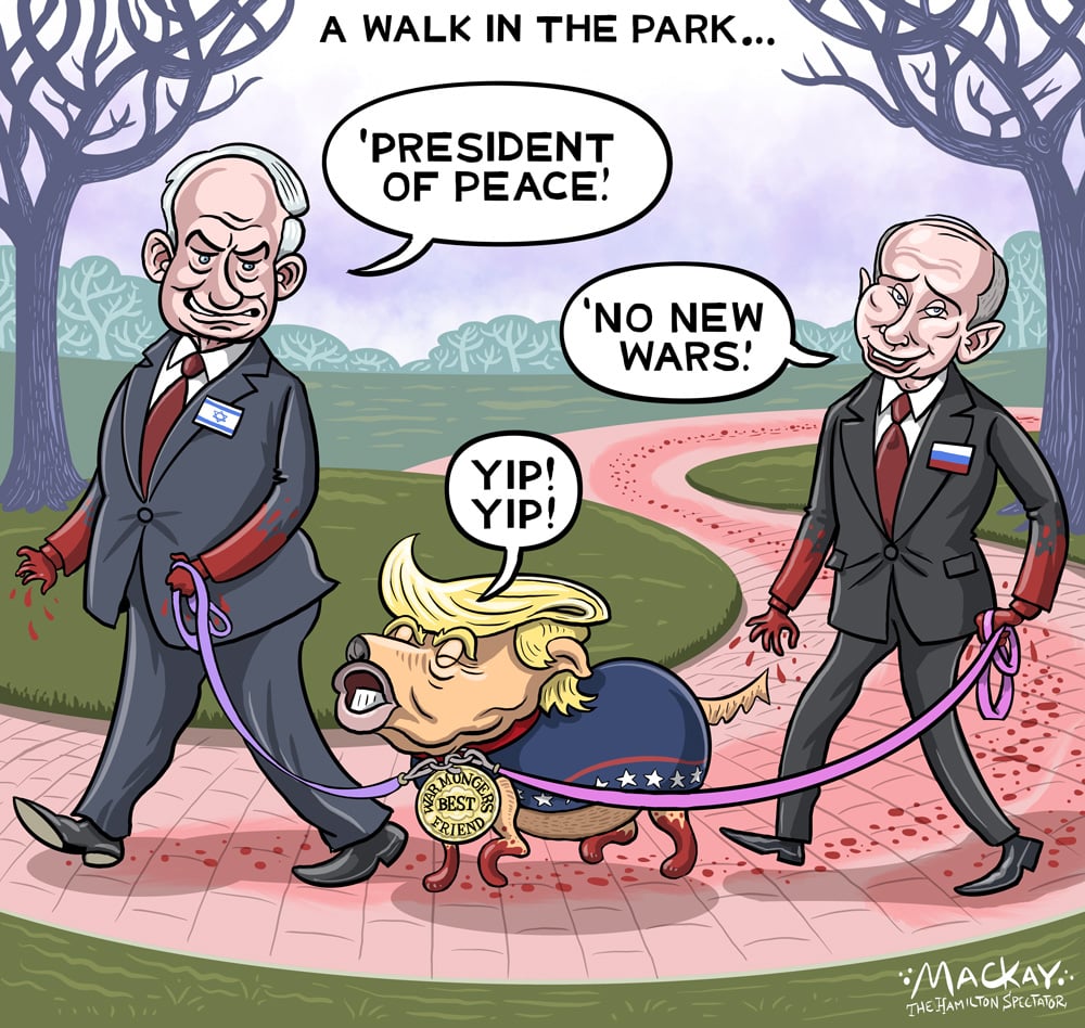 Netanyahu and Putin take their lapdog for a walk by Graeme MacKay, The Hamilton Spectator, Ontario, Canada