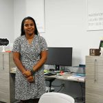 Flagler County schools' Lashakia Moore in her office some months ago. She will be the district's interim superintendent starting July 1, in a different office. (© FlaglerLive)