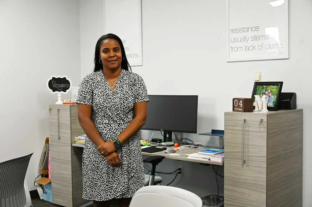 Flagler County schools' Lashakia Moore in her office some months ago. She will be the district's interim superintendent starting July 1, in a different office. (© FlaglerLive)