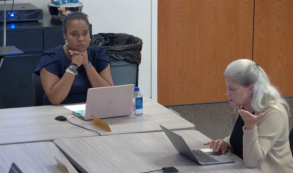 Acting Superintendent LaShakia Moore, left, at today's workshop of the Flagler County School Board. Board attorney Kristy Gavin walked the board through its next steps in its search for a new superintendent, including salary ranges and job description. (© FlaglerLive via Flagler Schools)