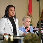 Interim Superintendent LaShakia Moore has taken a commanding role in her response to the segregation assembly at Bunnell Elementary last week. She was flanked by the entire membership of the school board at a news conference this morning, with Chair Cheryl Massaro and Collen Conklin, above. (© FlaglerLive)