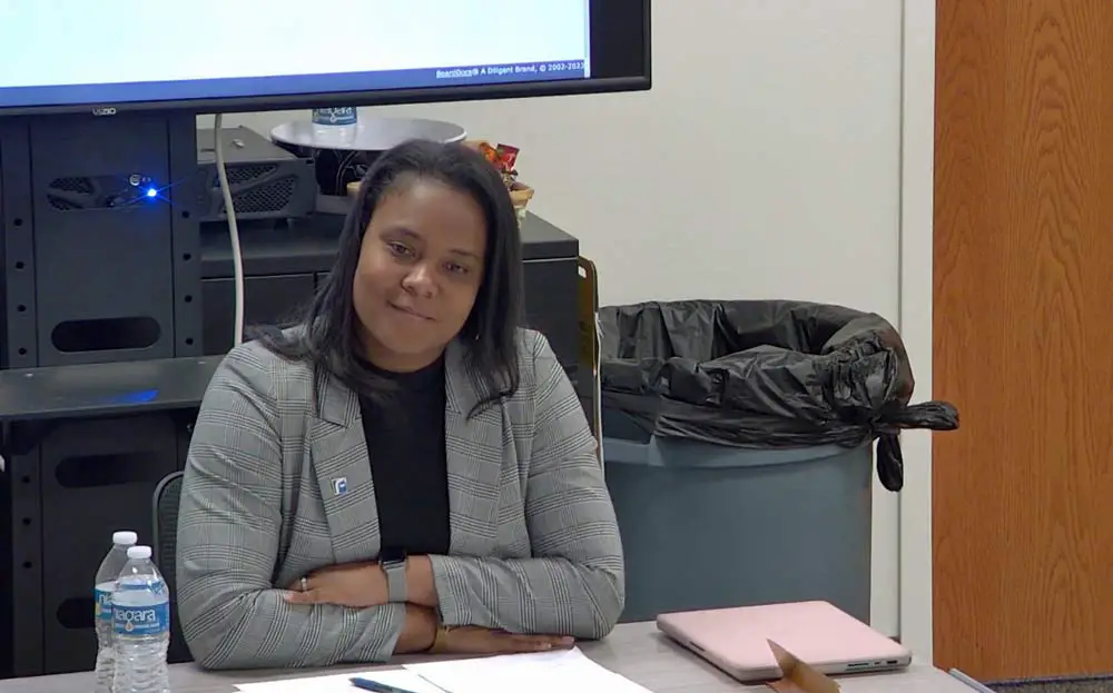 LaShakia Moore spoke with supreme confidence and ease during her 90-minute interview with the Flagler County School Board this morning. (© FlaglerLive via screenshot from Flagler Schools TV)