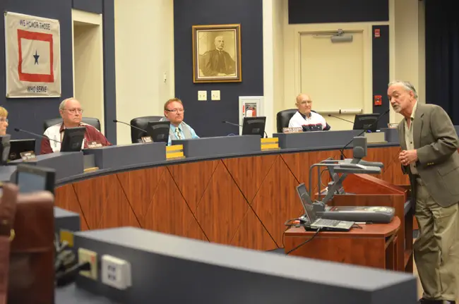 Commissioners Bill Baxley (from left), John Rogers and Elbert Tucker voted to appoint Lawrence Williams Bunnell's next city manager. Williams, in attendance, spoke briefly after his appointment. (© FlaglerLive)