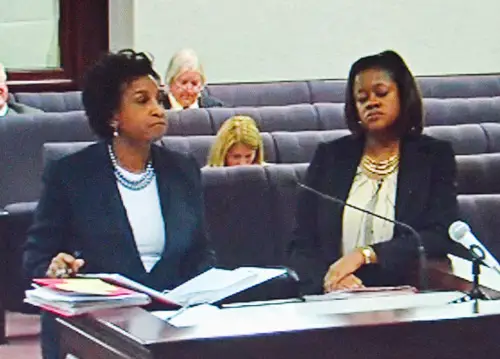 The two lawyers: Linda Barnett, left, for Sheriff Manfre, and Melody Hadley for the Ethics Commission. (Florida Channel)