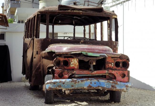 Ain al-Rummaneh bus, which is said to have caused the Lebanese civil war, is displayed in Haret Hreik suburb, Beirut, Lebanon,