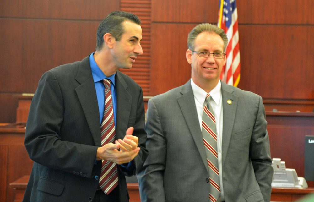 Assistant State Attorneys Jason Lewis, left, and Mark Johnson had a good day Monday. (© FlaglerLive)