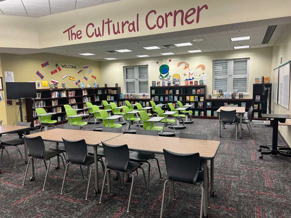 A section of the media center at Rymfire Elementary, which SchoolBoard member Sally Hunt thinks is "huge" and could be used for other purposes. But it already is. No students appear in the picture for student privacy. (© FlaglerLive)