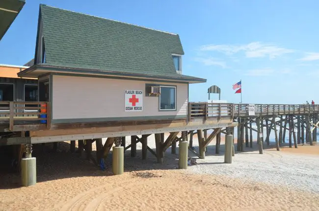 The Flagler Beach Pier's reopening this weekend drew all eyes to the pier itself. But part of the $917,000 renovation project was the installation of concrete reinforcement pillars beneath the lifeguard tower. The structure had previously been supported by wooden braces. (© FlaglerLive)