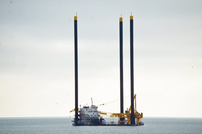 The Lacie G. Eymard liftboat as it resumed its travels south around 8 a.m. this morning, off Flagler Beach. Click on the image for larger view. (© FlaglerLive)