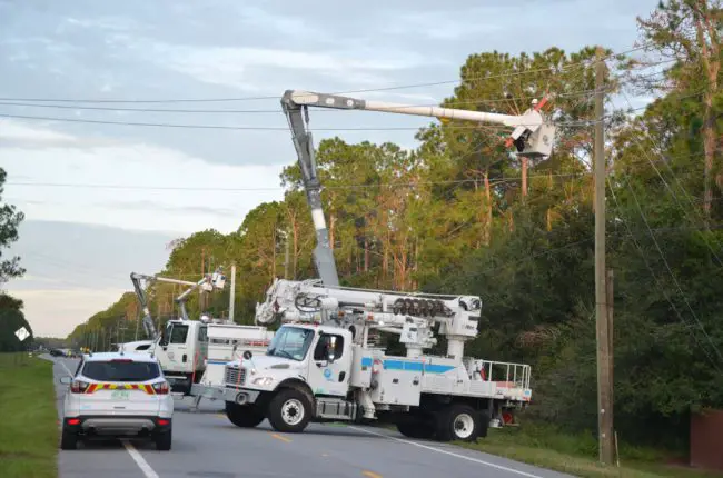 The affected power pole distributed lines along and across Royal Palms Parkway. (© FlaglerLive)