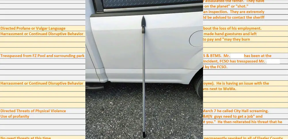 The actual spear that was hurled at a Palm Coast city employee's truck, with the employee inside, last year. The incident was documented in what the city referred to as a "Difficult Citizen List" largely kept secret until its revelation by the News-Journal last week. (© FlaglerLive)