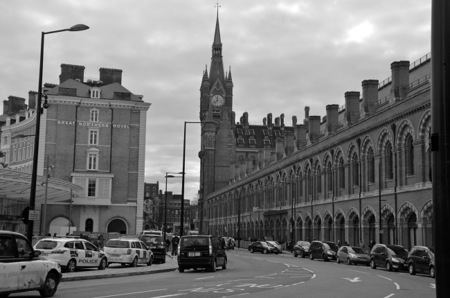 London has always been a black and white sort of town, at least in memory. This is around St. Pancras Station earlier today. Click on the image for larger view. (c FlaglerLive)