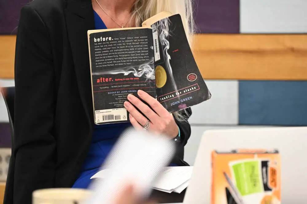 John Green's "Looking for Alaska" hits close to the heart: a committee member referred to a passage from the book during today's review at Matanzas High School. (© FlaglerLive)