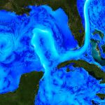 A satellite image of ocean heat shows the strong Loop Current and swirling eddies. Christopher Henze, NASA/Ames