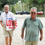 Ed Danko, the Palm Coast City Council member, in the foreground, has been campaigning on behalf of Alan Lowe, left, and advising or managing his campaign--a campaign using false and misleading accusations as a talking point. (© FlaglerLive)