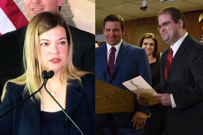 Barbara Lagoa and Robert Luck at the time of their nominations, with Gov. Ron DeSantis, earlier this year. 