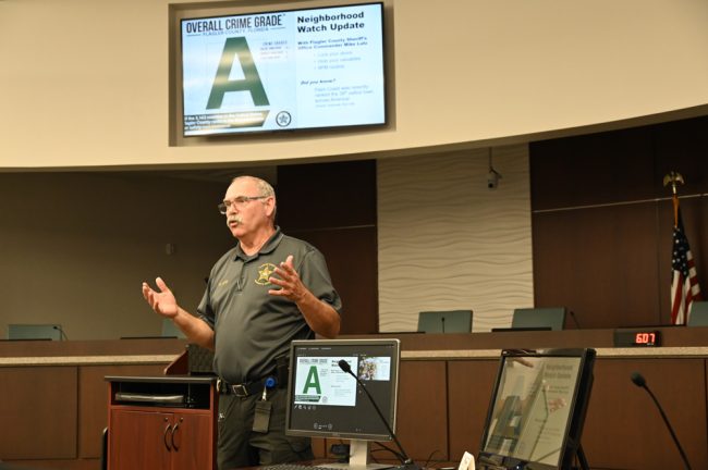 “This is Palm Coast, not a lot of crime,” Cmdr. Mike Lutz told the small audience at Tuesday's meeting. (© FlaglerLive) 