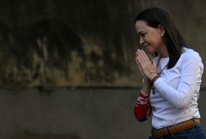 Venezuelan opposition leader Maria Corina Machado gestures during a protest in Caracas on Jan. 9, 2025.