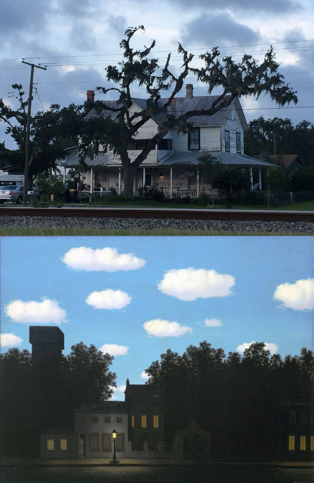 Magritte in Bunnell: top, a house on Railroad Street. Bottom, Magritte's 'Empire of Light,' from 1898. Click on the image for larger view. (© FlaglerLive)