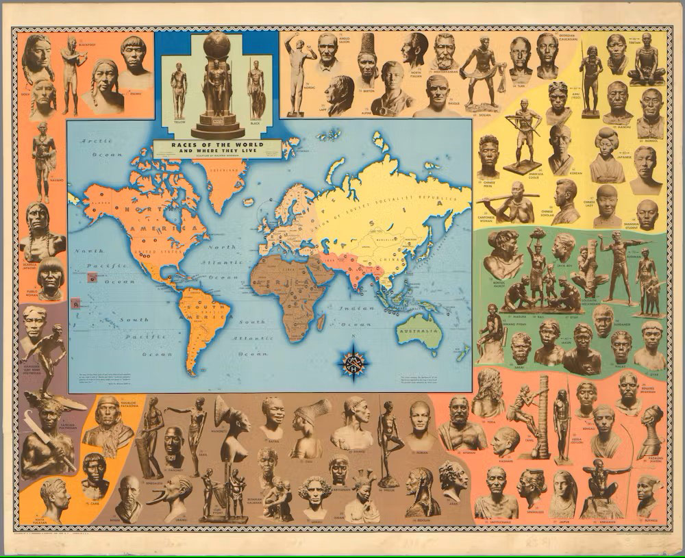 Malvina Hoffman’s sculptures illustrate a map titled Races of the World and Where They Live. Malvina Hoffman/Field Museum of Natural History