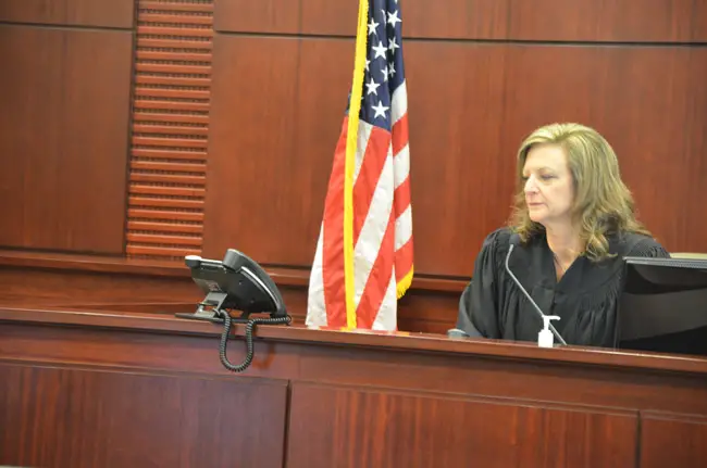 Circuit Judge Margaret Hudson spent much of today's status hearing in the Kimberle Weeks case talking to a phone, as Weeks's attorney, Kevin Kulik, spoke from his office in Ft. Lauderdale. Assistant State Attorney Jason Lewis appeared in person. Weeks herself did not. (© FlaglerLive)