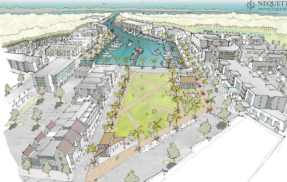 Lighthouse Harbor in marina Village, off Colbert Lane, would literally be a small village of some 850 houses, town homes and apartment units built around a marina, with public-space components that would welcome visitors. 