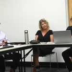 The new Marineland Town Commission. From left, Mayor Joseph "Buddy" and Commissioners Jessica Finch and Dewey Dew, ast last week's meeting shortly after Pinder's swearing in. (© FlaglerLive)