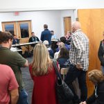 Dozens of people crowded the Marineland Town Commission meeting room and spilled out into an adjacent room at the offices of the GTMNERR in Marineland Thursday evening, as the fate of the Ragga Surf Cafe, as well as that of the River to Sea Preserve, continued to hang in the balance. (© FlaglerLive)