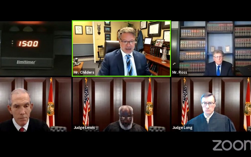 The appeal was argued on Zoom before, Judges (© FlaglerLive)