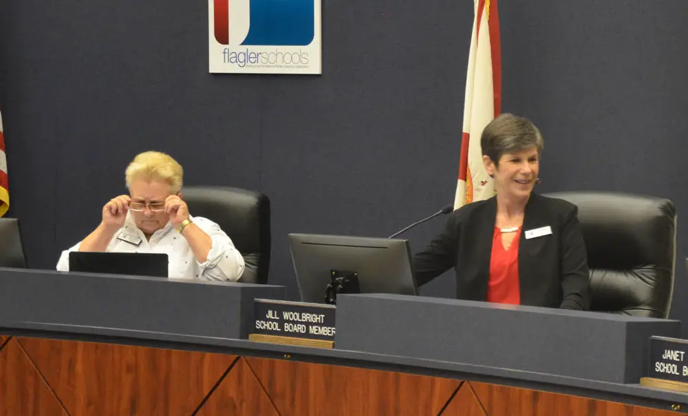 School Board member Cheryl Massaro left, rebuked Jill Woolbright over Woolbright's attack on the superintendent in an attempt to ban books. Massaro did so in a sharply worded statement issued Sunday night. (© FlaglerLive)