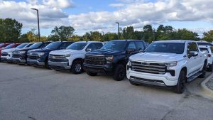 Pickup trucks for sale at a Michigan dealership. (John DeCicco, CC BY-ND)