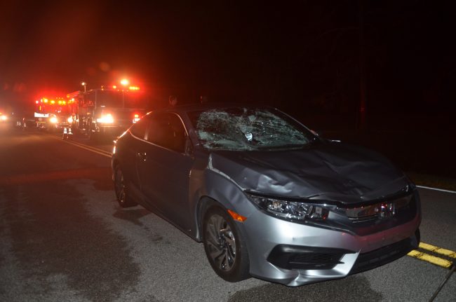 The Honda Civic on Lakeview Boulevard after the collision this evening. (c FlaglerLive)