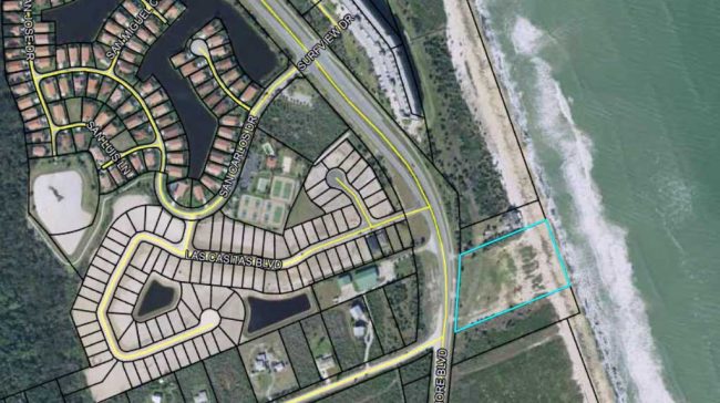 The Solitude development's 16 houses would be built on the parcel outlined in light blue, on the shore. (Flagler Property Appraiser)