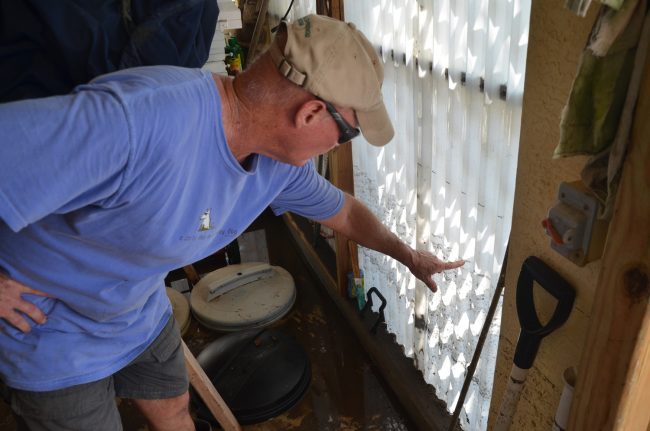 The watermarks tell the story: Luke Guttmann shows the watermark left by flooding from Hurricane Irma, and you could clearly see the mark he made during Hurricane Matthew. Click on the image for larger view. (c FlaglerLive)