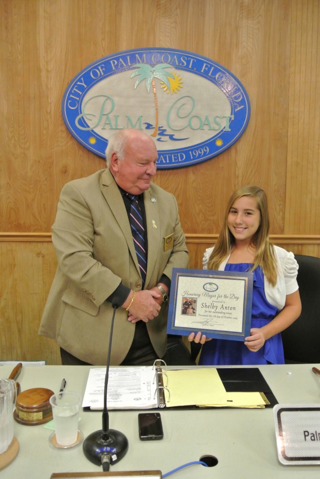 The two mayors at the council meeting on Oct. 7, which Shelby attended to the end. Click on the image for larger view. (Palm Coast)