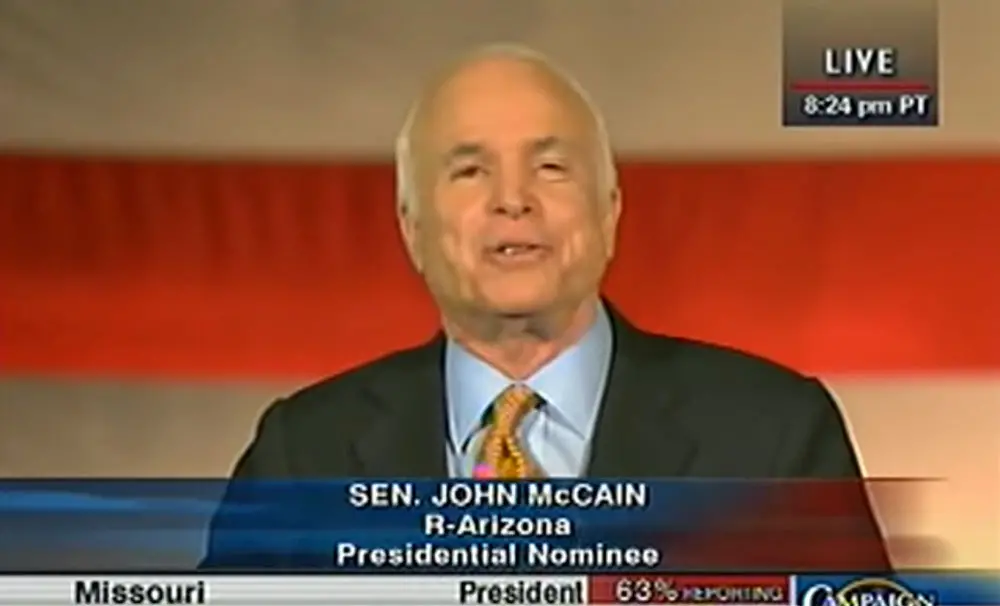 "Tonight — tonight, more than any night," John McCain said as he conceded victory to Barack Obama in 2008, "I hold in my heart nothing but love for this country and for all its citizens, whether they supported me or Sen. Obama, I wish Godspeed to the man who was my former opponent and will be my president. And I call on all Americans, as I have often in this campaign, to not despair of our present difficulties but to believe always in the promise and greatness of America, because nothing is inevitable here."