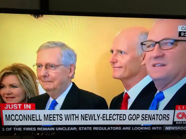 Sen. Majority Leader Mitch McConnell wasted no time welcoming Rick Scott to the Republican majority. (NSF)