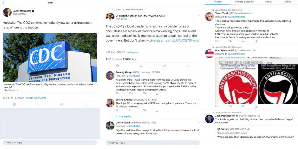 Some of Flagler County School Board Chairman Janet McDonald's recent tweets and retweets, which have drawn attention and criticism for veracity and insensitivity. (© FlaglerLive)